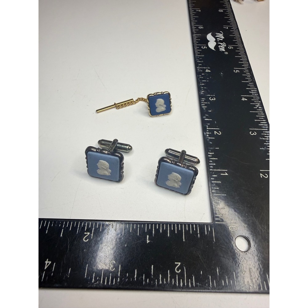Wedgwood Blue Jasperware Sterling Silver Cufflinks and Tie Tack Set Birmingham